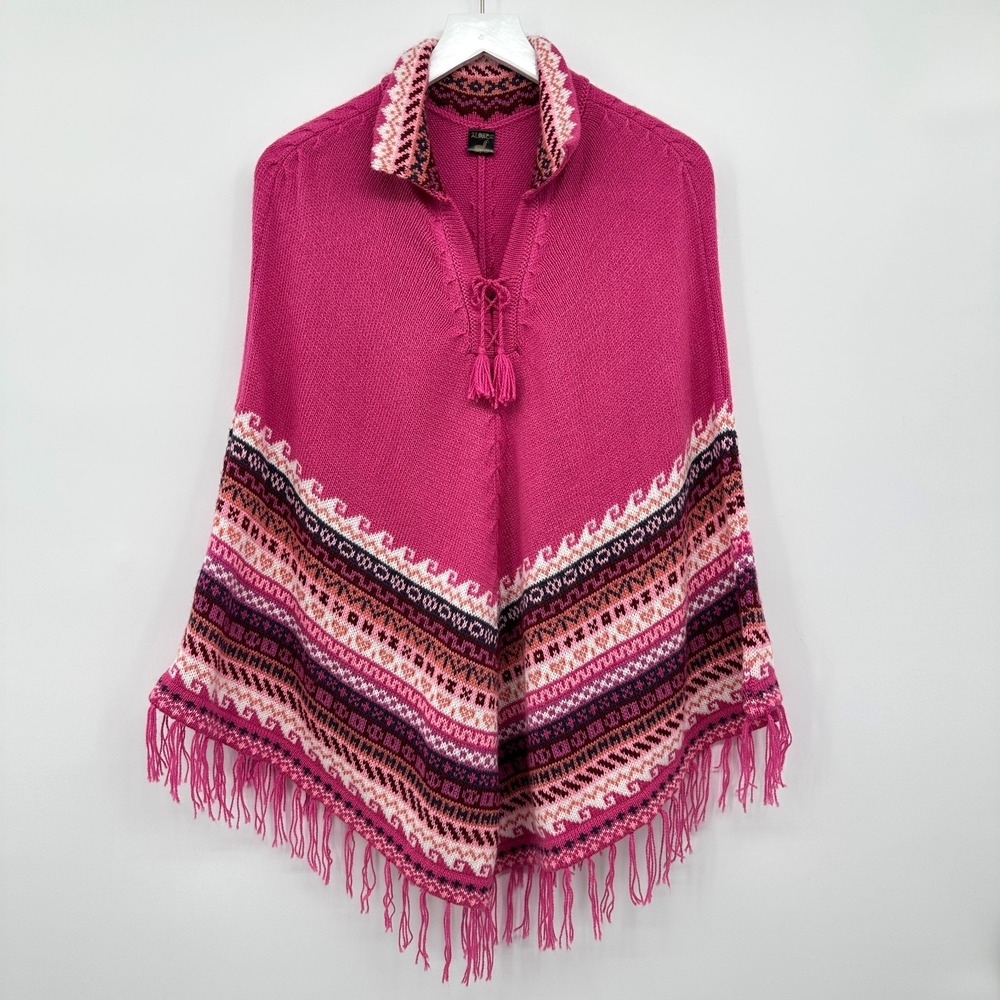 Alpaca Poncho Sweater Women One Size Fringe Made in Peru Nomadic Boho Artsy Pink